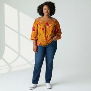 Ava & Viv Women's 2X Mustard Yellow Floral Off The Shoulder Blouse Boho Top